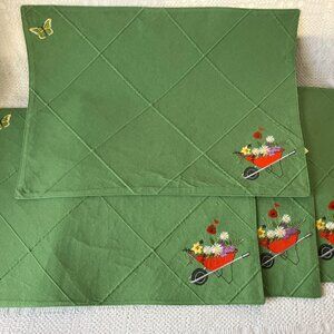 Adorable (4) Placemats 100% Cotton Green Garden Themed with Butterfly 18"x13"